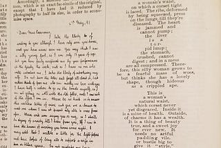 Page from The Amusing Journal, April 15, 1893, showing a poem entitled “A New Argument Against Corsets,” where the line lengths of the first verse depict the torso of a woman with a corset and the line lengths of the second form the shape of a woman without a corset. Photo © 2022 CJ Grace.