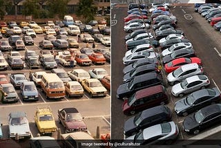 A comparison of a parking lot in the 80’s vs a modern one with more white and black cars.