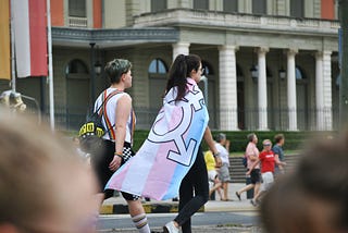 A human wears a trans flag and dual gender symbol on a cape.