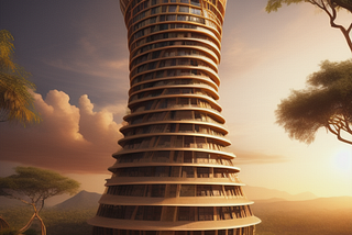 A futuristic nubian-style round high-rise building made of wood or natural materials, with somewhat irregular windows and wider at the top and bottom floors.