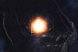 A glowing circle of light at the end of a path, around the path are the twisted branches and rocks of a dark forest