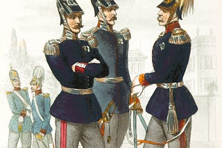 An old-fashioned engraving of ornately uniformed and mustached Baden soldiers with pointy helmets. Some also have plumes!