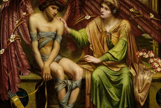 A painting of a boy who could untie himself but doesn’t, with a woman who won’t do the job for him.