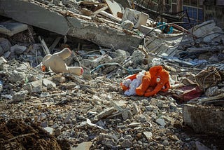 Stuffed animals lying in the rubbled of a bombed-out building