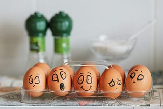 five eggs lined up with different facial expressions on them, showing a range of emotions