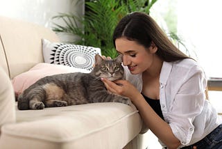 Cute cat looking awkward, clutched by a smiling woman.