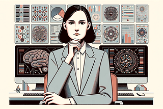 A stylized illustration of a person with medium-length hair, seated at a desk with their chin resting on their hand, suggesting deep thought or analysis. Behind them is a wall filled with detailed graphics, charts, and diagrams. To their right, a screen displays a large, detailed illustration of a brain, echoing the theme of thought and cognition present throughout the image. The colour scheme is muted with a vintage feel, and the person’s attire appears formal, with a collared shirt and blazer.