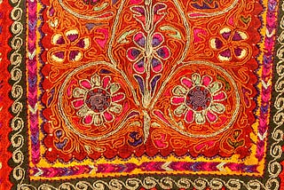 Close-up shot of intricate embroidery on a Palestinian thob (a kind of dress)