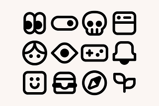 A set of bold icons including a skull, notification bell, and hamburger