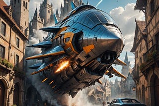 A chrome spaceship crashing through medieval European streets, a car parked in front and a fantasy castle’s parapets in the background