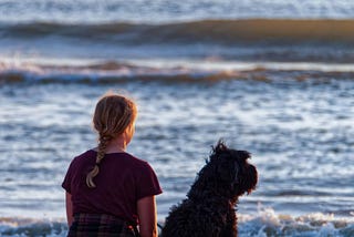 women sitting next to a dog looking at the ocean