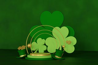 A completely green image depicting 3 shamrocks and green Irish top hats.
