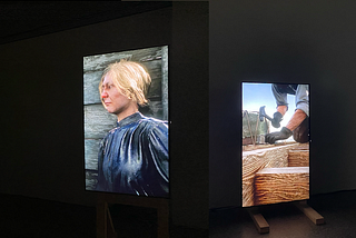 A composite I made of 4 images of NPCs working, from left to right- the first image is an overhead shot of a black woman; the second image is of a white woman in 1800s clothing, cropped to show her head ands shoulders; the third image is a close up of a white man’s hands; and the fourth image is of a white man with long white hair in a hat inspecting some machinery.