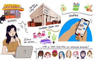 Illustration of a girl in front of her laptop. Thought bubbles and scribbles point out doodles of a corner store, City Hall and a proposed “outdoor space jam”, a smartphone receiving chatbot text messages about food programs, and floating heads of MONUM fellows and staff.