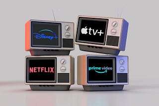 The image shows 4 old-school TVs with the logos for Disney+, Apple TV+, Netflix, and Prime Video on them.