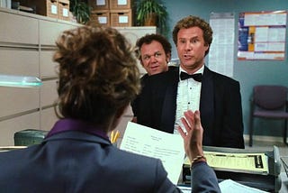 Will Ferrell and John C. Reilly attending a job interview dressed in tuxedos in a scene from “Step Brothers.”