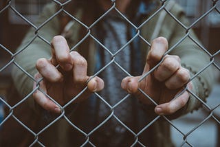 Adult hands clutching at a chain link fence.