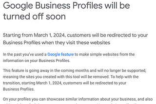 Google's email: Google Business Profiles will be turned off soon.