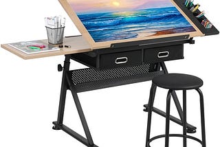 pirecart-drafting-drawing-table-adjustable-tiltable-tabletop-craft-table-with-stool-and-drawers-1