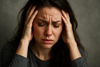 A distressed woman with closed eyes presses her hands to her temples, her brow furrowed in pain or overwhelm. The image conveys emotional tension, anxiety, and the silent weight of internal struggle.
