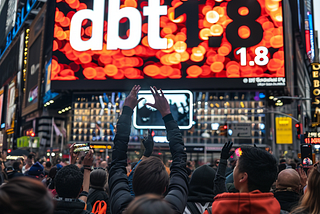 Enthusiastic crowd raising their hands and taking photos with their phones in front of an illuminated billboard in Times Square, featuring the announcement ‘dbt 1.8’ with glowing, festive lights.