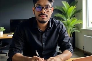 A high-quality professional portrait of a confident businessman working on a MacBook in a modern office setting. The sleek and minimalistic background, combined with natural lighting, enhances the sophisticated yet approachable look. Perfect for representing productivity, leadership, and career success.