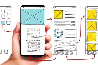 An image of someone holding a phone. The phone has some wireframes and arrows linking them together