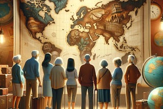 Group of seniors with diverse backgrounds standing before a large, partially unfurled world map, gazing with curiosity and excitement. Background subtly features iconic global landmarks. The room is warm and inviting, adorned with travel-themed decor like globes and vintage suitcases, enhancing the atmosphere of eager anticipation for adventure.