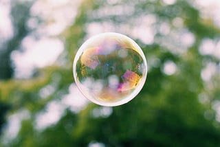 A large soap bubble floating in the air with a green foliage background