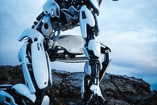 A sleek humanoid robot kneels on rocky ground at the edge of water, poised like a runner at the starting line — symbolizing readiness, momentum, and the drive to lead in the AI-powered future.