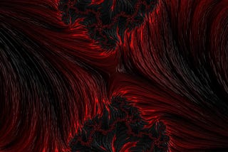 Swirls of black and red shades form this abstract, fluid looking painting.