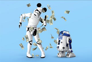 Two Star Wars characters dancing in money falling from the sky