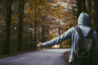 A person wearing a blue hoodie hitchhiking on a forest road.