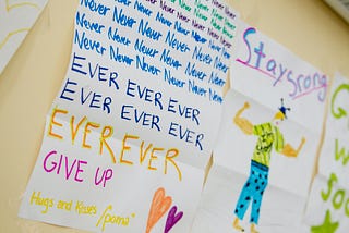 a poster that repeatedly says never, ever, give up, stay strong