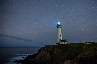 A lighthouse on a cliffside by the ocean on a star speckled night