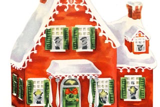 Vintage illustration of a snowy cottage that resembles a gingerbread house
