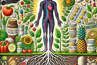 An illustration showing a human figure with roots growing from their feet into the earth, symbolizing the connection between human health and the planet. The figure is surrounded by vibrant fresh produce and mechanical-looking pills and processed foods. The background depicts a contrast between a thriving natural environment and a polluted industrial one.