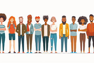 A cartoon illustration of a diverse group of happy humans standing in a line against a white background