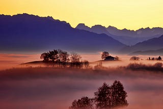 Misty morning with trees and mountains