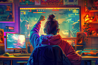 An image depicting a gamer with a white-knuckled grip on the controller, showing intense concentration. Another part of the image captures the triumphant moment with a fist pump after nailing an impossible level. The setting is a cozy gaming room with a gaming console, a monitor displaying the game, and various gaming paraphernalia around.