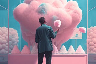 man visiting the museum of candy floss, holding a stick of floss in his hand.