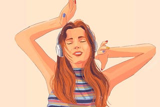 Digital illustration of a young woman dancing to the music she’s hearing on her headphones