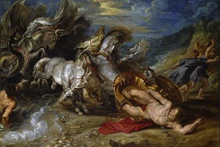 A classical painting of Theseus’s son Hippolytus falling from a chariot, nude, during a race. The chariot is gold and pulled by large white horses.