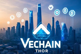 The Vechain Thor mainnet launch: a futuristic city skyline with digital countdown clock and blockchain symbols in the sky