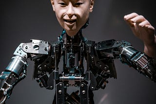 A robot with a weird human-like face and human-like hands
