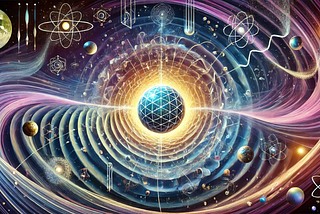A sophisticated and artistic depiction of the universe integrating gravity, consciousness, and quantum mechanics. Central to the image is a large sphere representing the holographic principle, surrounded by swirling temporal waves illustrating the pull from past, present, and future. Gravity is depicted as waves curving spacetime, with quantum particles entangled and interconnected throughout the scene. Geometric symbols project from a central point of consciousness. The image has a cosmic, ethe