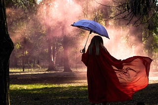 A young girl with an umbrella and a flowing, gauzy red dress, stands in a foggy forest in a surreal moment