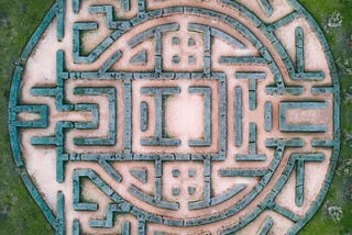 Bird’s eye view of a round stone labyrinth.