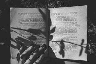 A book opened with the shadow of a plant on top of it.