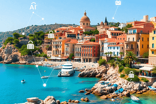 A picturesque view of Mallorca with Mediterranean architecture and coastal scenery, featuring subtle digital interfaces and AI icons, symbolizing real estate and technology fusion.